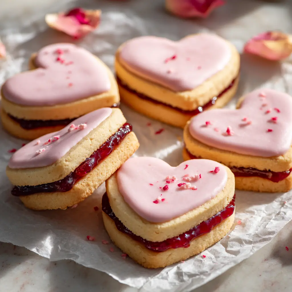 Two golden-baked shortbread cookies sandwiching a visible layer of vibrant red strawberry jam on a white marble surface with pink rose petals.