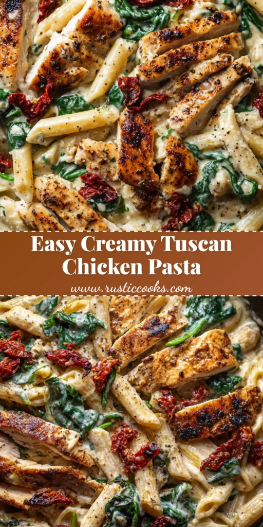 Close-up, top-down view of Creamy Tuscan Chicken Pasta with golden seared chicken strips, chewy sun-dried tomatoes, and dark green spinach in a cast-iron skillet.