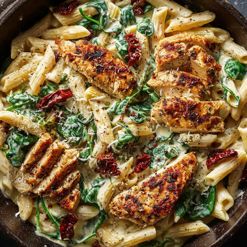 Penne pasta thoroughly coated in an off-white creamy parmesan sauce with charred chicken breast strips.