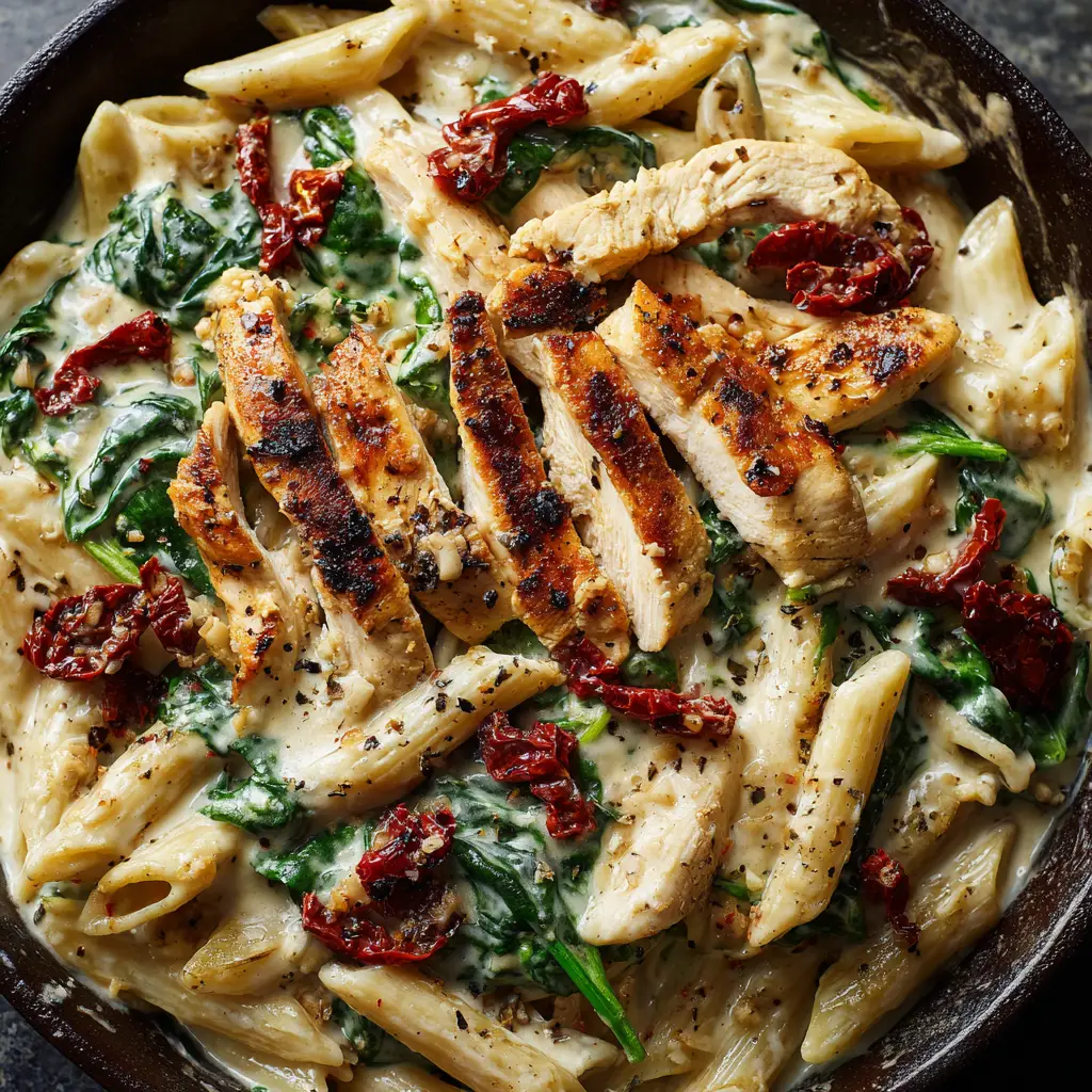 Wilted dark green spinach leaves and chewy deep-red sun-dried tomatoes scattered over creamy pasta in a skillet.