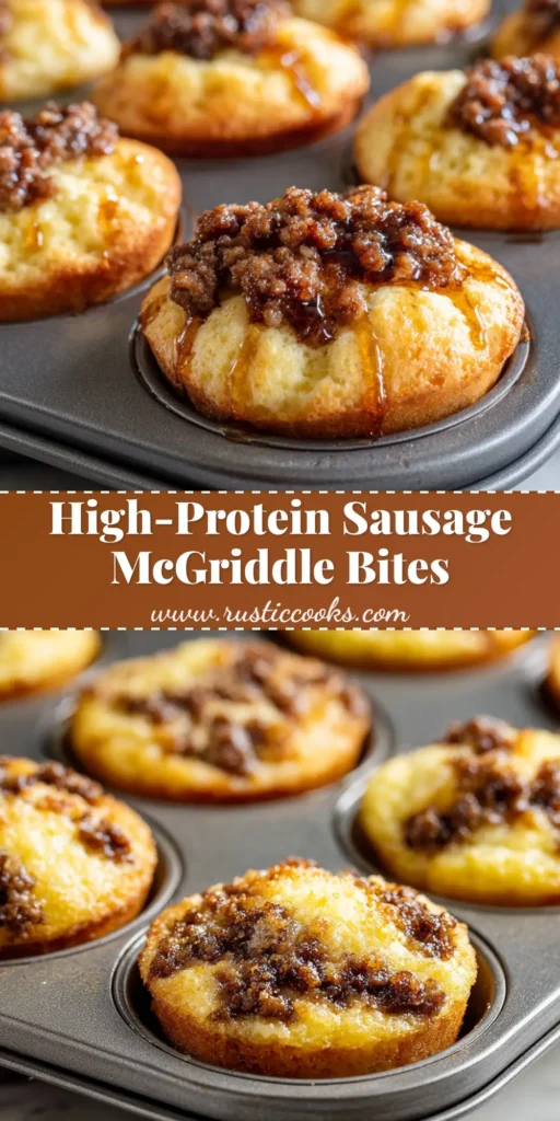 A towering stack of fluffy, golden-brown homemade McGriddle Bites studded with sausage and dripping with maple syrup.
