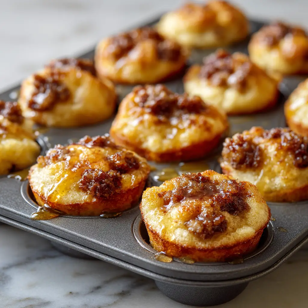 Mini pancake muffins baked in a dark metal muffin tin, showcasing a golden-brown fluffy texture with sausage crumbles.