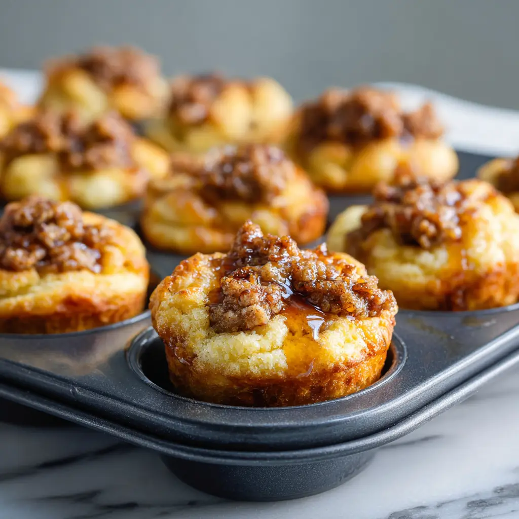 Golden brown fluffy McGriddle Bites studded with browned breakfast sausage and a light drizzle of glossy maple syrup resting on a white marble countertop.