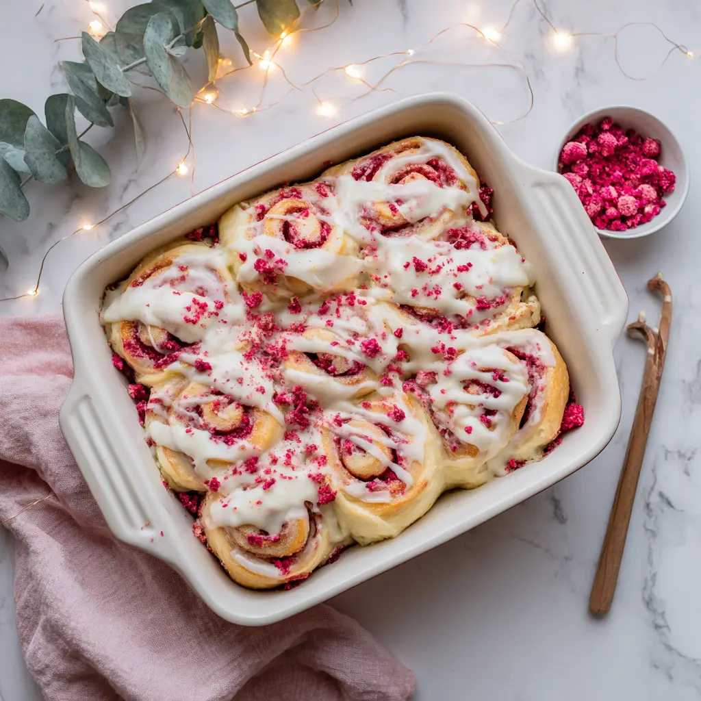Close-up of bright pink raspberry filling bubbling up through the dough of warm cinnamon rolls covered in icing.