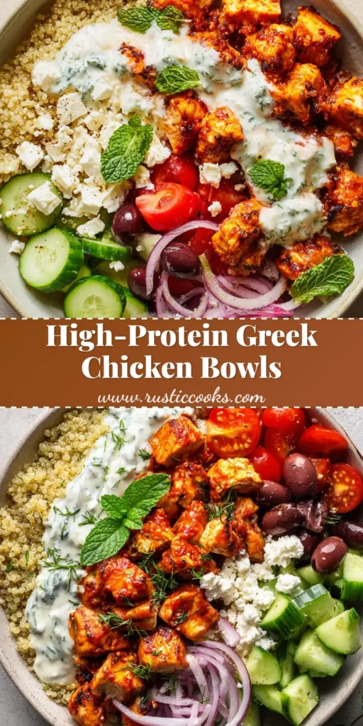 A top-down view of Greek Chicken Bowls in a shallow ceramic bowl with fluffy quinoa, charred harissa chicken, quartered cucumbers, cherry tomatoes, feta, and tzatziki.