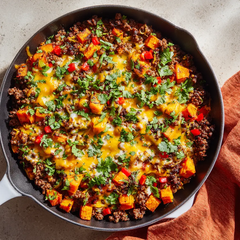 Overhead view of crumbled, browned ground beef mixed with vibrant orange sweet potato cubes and diced red bell pepper in a white enameled cast iron skillet.