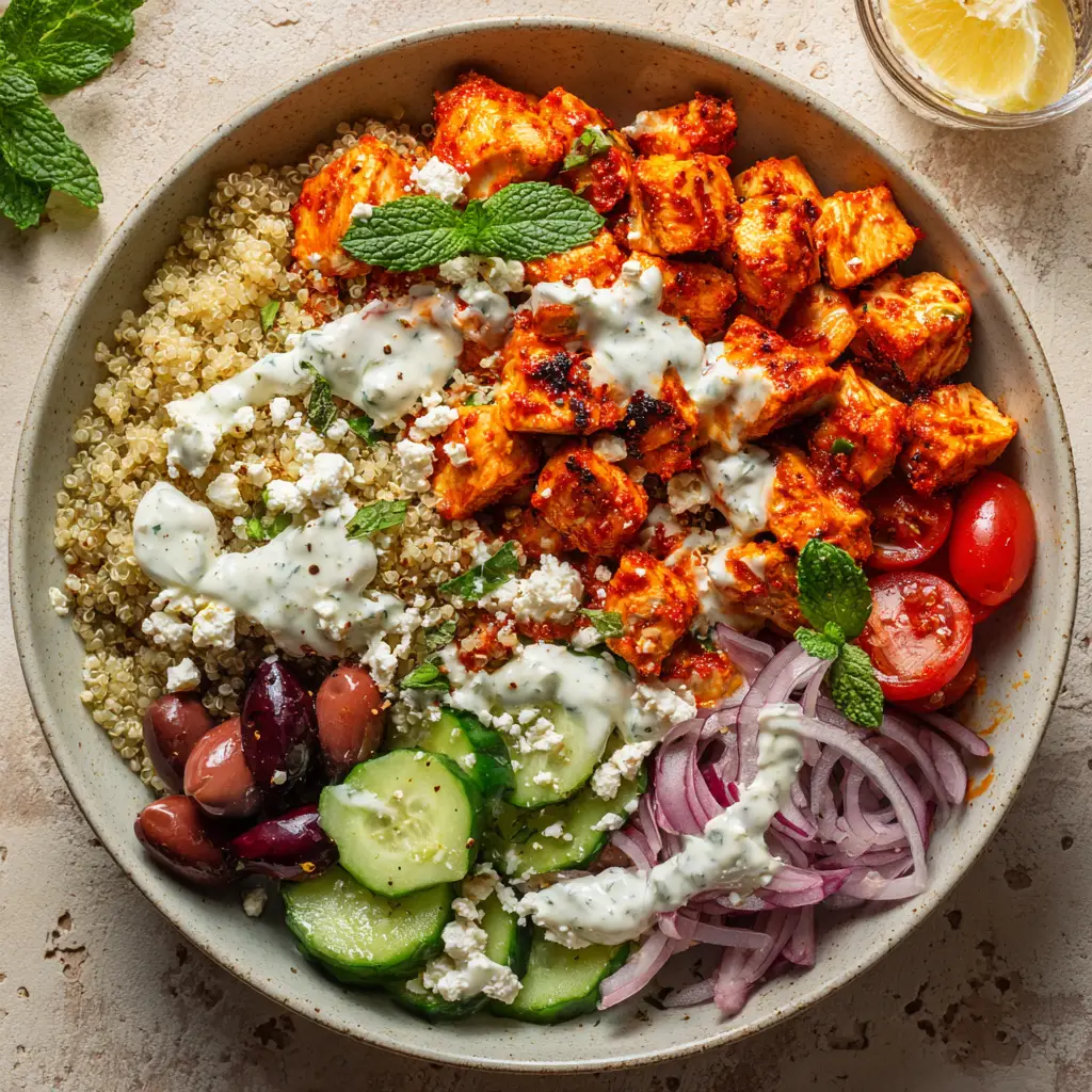 Eye-level photo of a Greek Chicken Bowl showcasing reddish-orange glazed chicken cubes, neat sections of fresh vegetables, and thick white tzatziki sauce speckled with herbs.