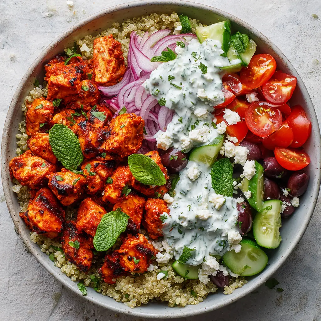 A shallow light-grey ceramic bowl filled with fluffy quinoa, glazed harissa chicken, kalamata olives, and fresh mint leaf garnishes.