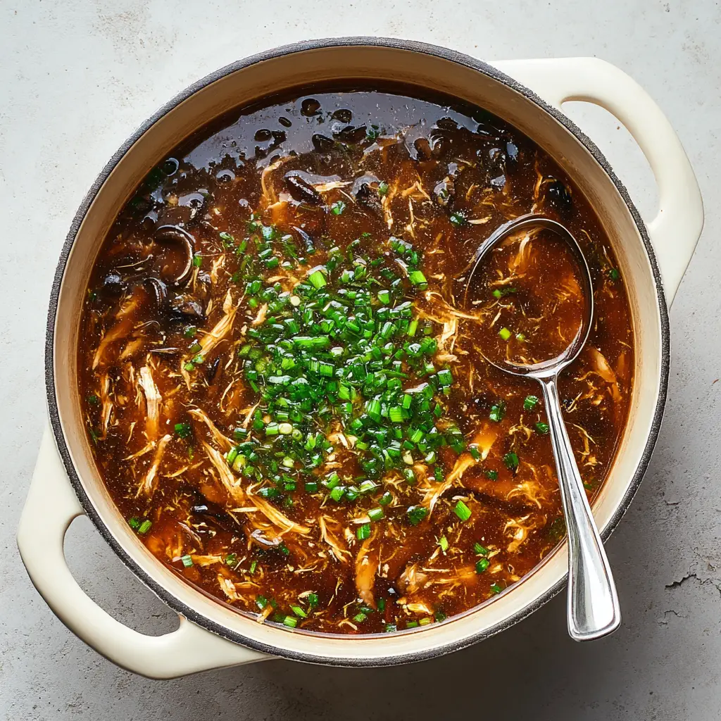 Top-down view of Hot and Sour Soup in a heavy enameled dutch oven, showing dark rehydrated shiitake mushrooms and fine shreds of white chicken meat.