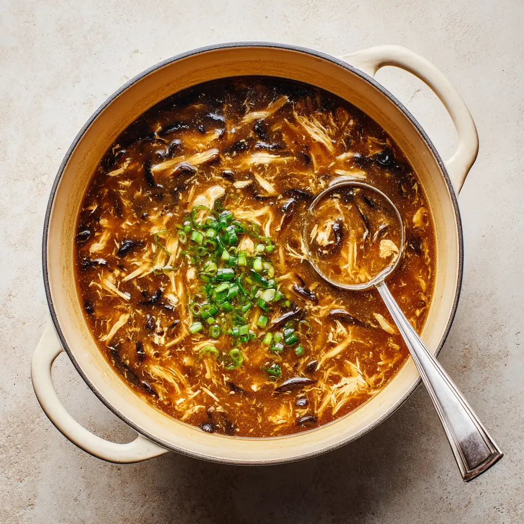 A simple metal ladle resting in a pot of Hot and Sour Soup, beautifully garnished with finely chopped bright green scallions and wispy ribbons of cooked egg.