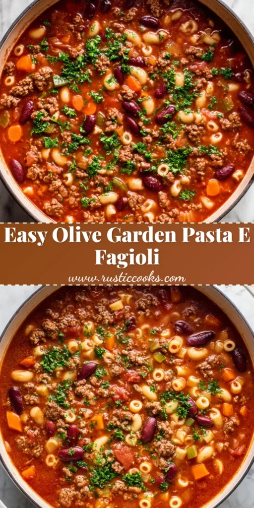 A close-up overhead shot of Olive Garden Pasta e Fagioli in a large white enamel dutch oven, packed with ground beef, ditalini pasta, kidney beans, and fresh parsley.
