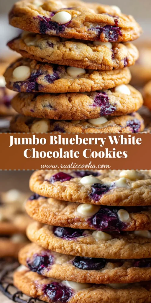 A close-up handheld smartphone photo of thick bakery-style Blueberry White Chocolate Cookies stacked on a rustic wire cooling rack showing golden-brown crinkled edges and juicy purple blueberries.