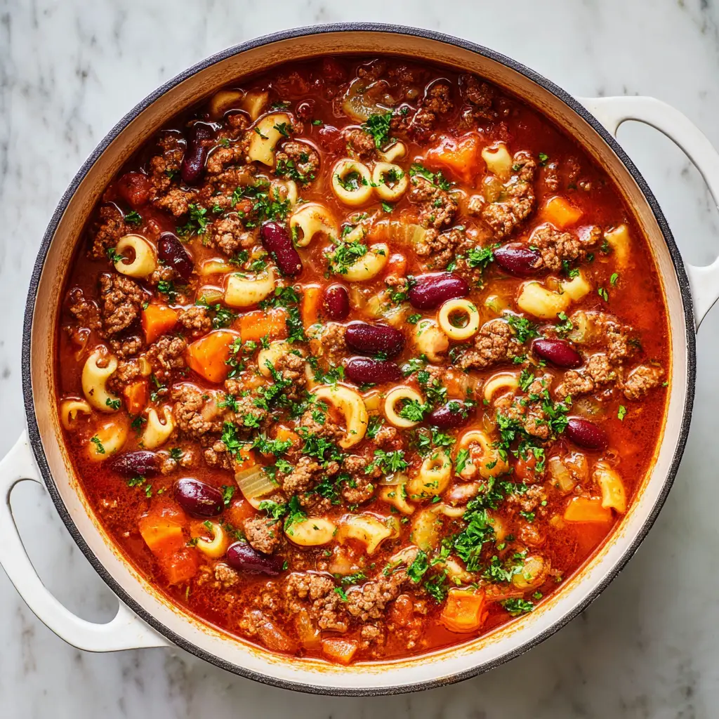 Close up of thick rich red tomato and beef broth densely packed with whole cannellini beans, diced carrots, and celery.