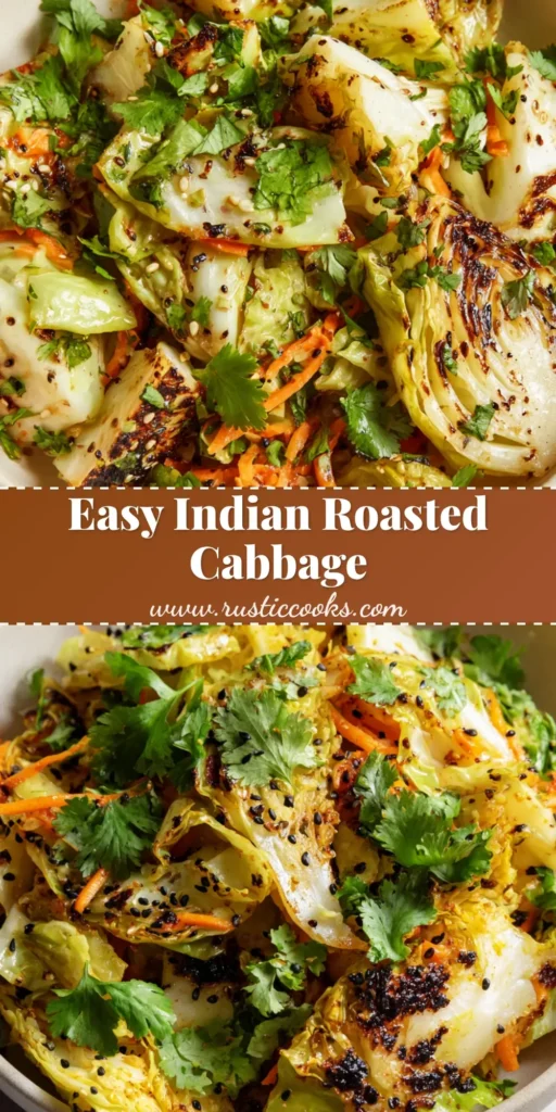 A close-up view of Indian roasted cabbage in a shallow bowl, featuring charred bite-sized pieces coated in turmeric, garnished with shredded carrots, green cilantro, and black nigella seeds.