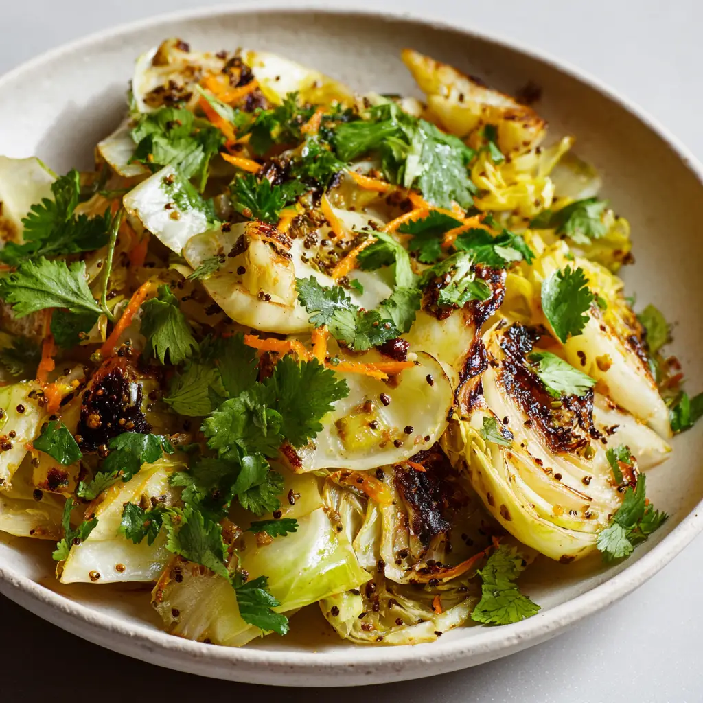 Slightly angled food photograph of chopped Indian roasted cabbage showing tender pale-green layers and beautifully charred dark brown edges.