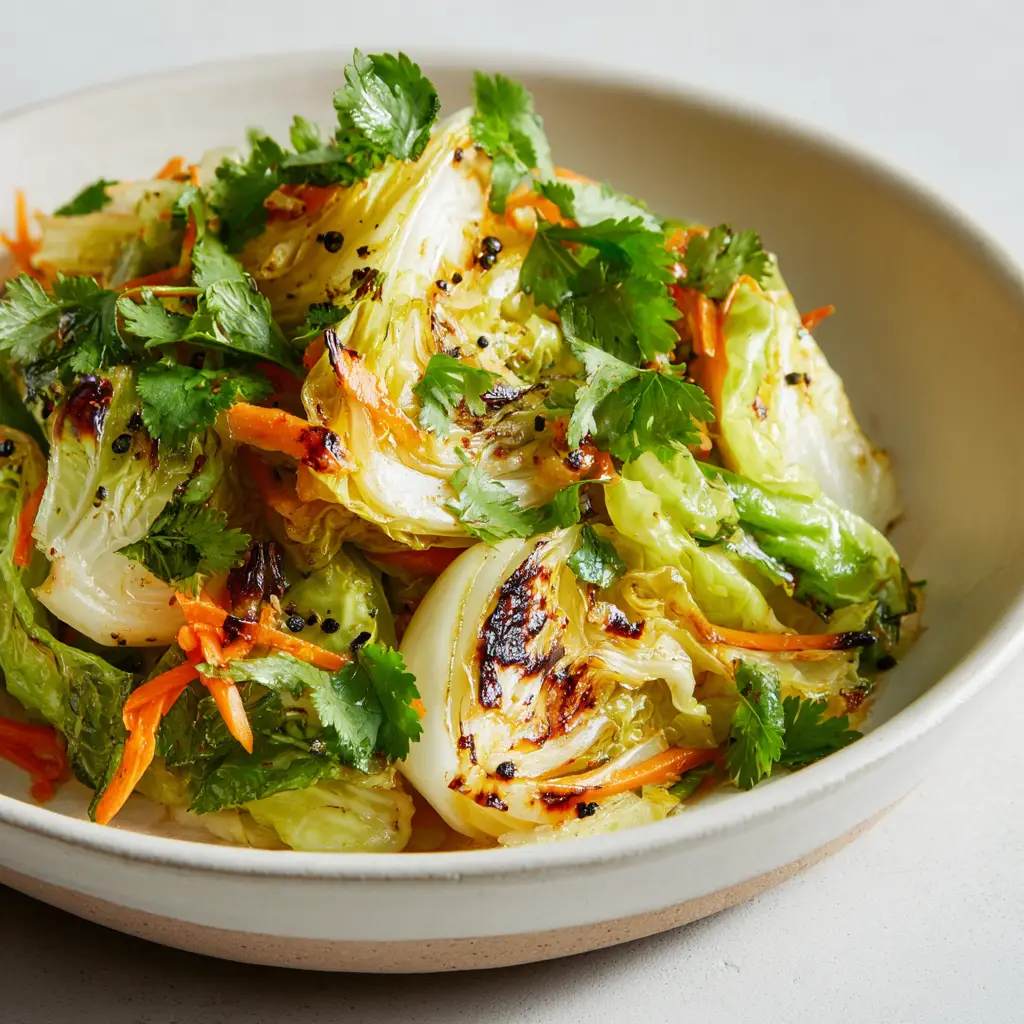 Close-up of Indian roasted cabbage tossed with very fine shredded orange carrots, chopped fresh cilantro, and tiny black seeds.