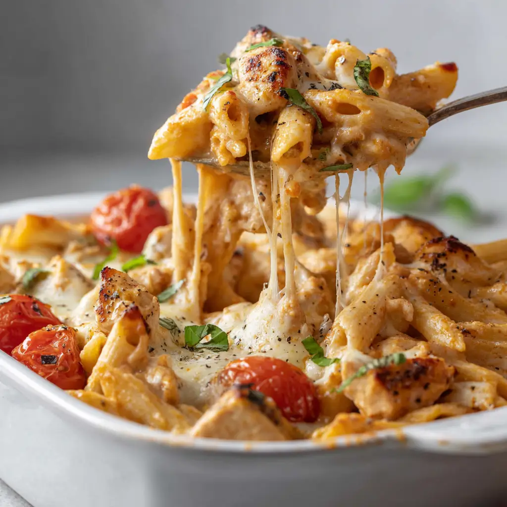 Extreme close-up of a fork lifting Marry Me Chicken Pasta, showing a stringy cheese pull, penne in pale orange cream sauce, and stewed tomatoes.