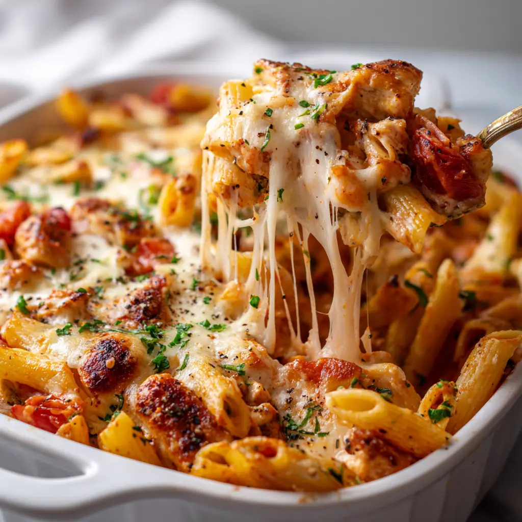 A large bite of Marry Me Chicken Pasta on a fork, featuring cooked chicken chunks and creamy pale orange tomato sauce garnished with chopped green basil.