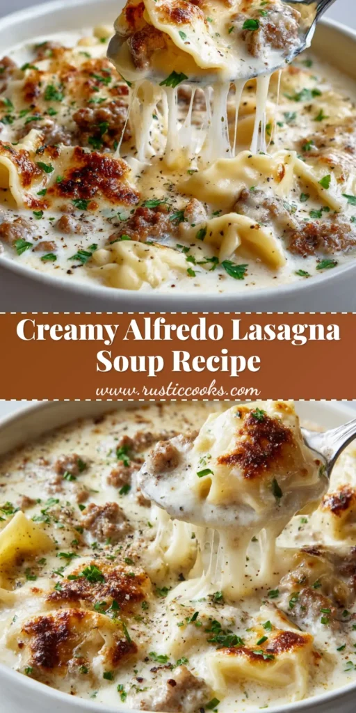 A close-up view of Alfredo Lasagna Soup with curled noodles, browned sausage, and blistered mozzarella cheese pulling on a spoon.