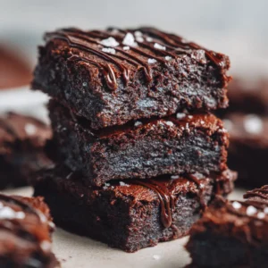 Three dark chocolate protein brownies stacked slightly offset on top of each other, featuring a dense, moist texture and a crinkled matte top.