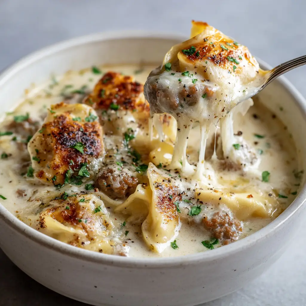 A white ceramic bowl filled with thick, off-white velvety broth, lasagna noodles, Italian sausage, and melted mozzarella.