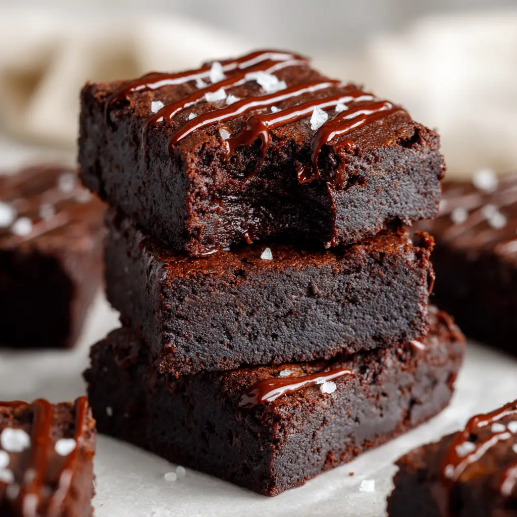 A close-up of a protein brownie with a small bite taken out of the back corner, highlighting the moist, dense interior and dark chocolate zigzag drizzle.