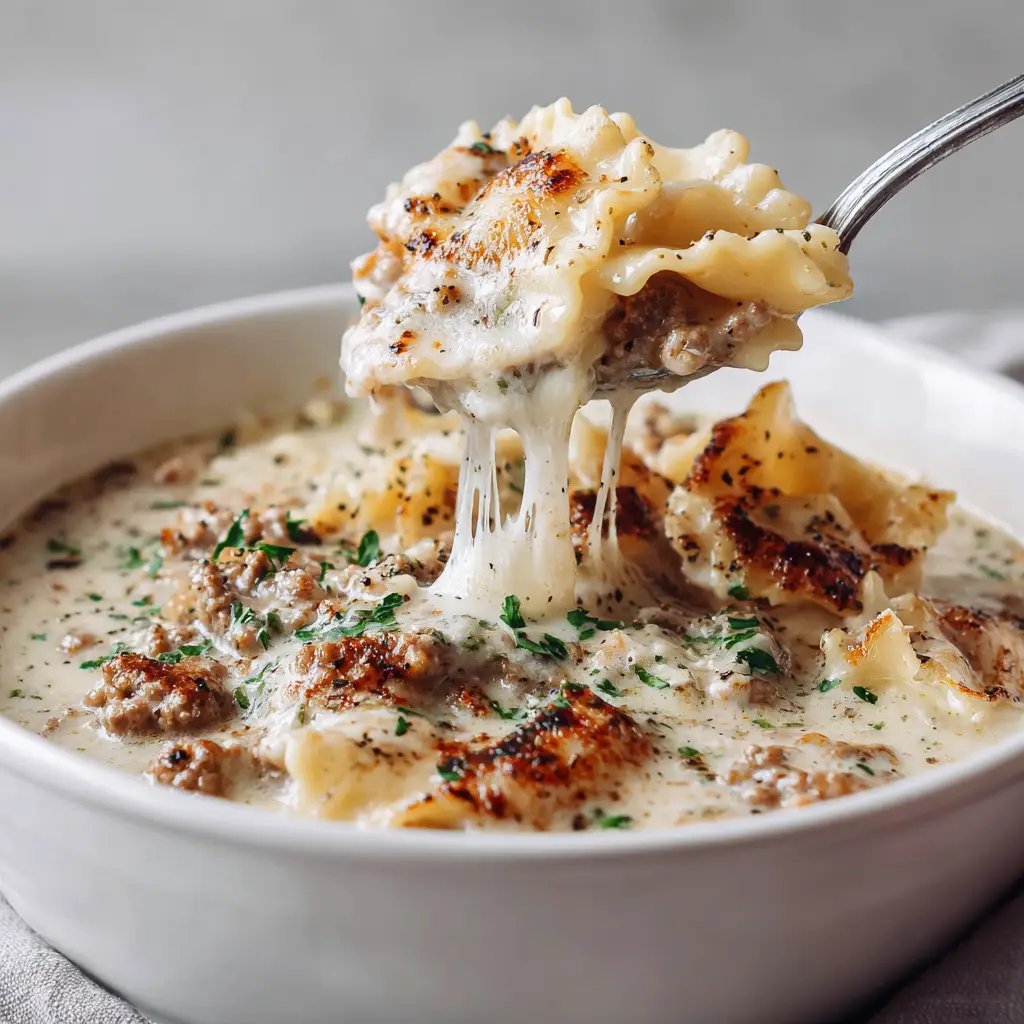 Spoon lifting Alfredo Lasagna Soup showing a gooey, stretchy mozzarella cheese pull garnished with parsley and black pepper.