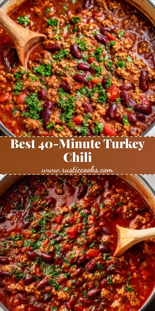 A top-down shot of a large white enamel dutch oven filled with a thick and hearty healthy turkey chili recipe. The chili is garnished with fresh parsley.