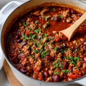 A close-up, top-down view of a healthy turkey chili recipe in a white dutch oven. Coarse ground turkey, red kidney beans, and bell peppers are visible in the thick red sauce. (Healthy Turkey Chili Recipe)