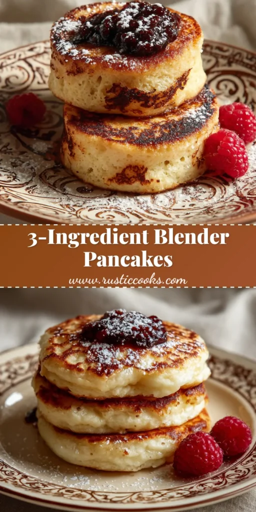 A rustic stack of thick, fluffy cottage cheese pancakes on a vintage plate, topped with dark berry jam and powdered sugar. (Cottage Cheese Pancakes)