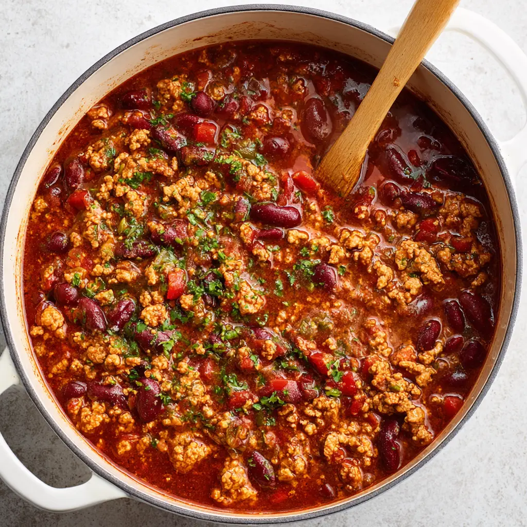 A wooden spoon stirring a pot of healthy turkey chili, showing the thick and hearty texture of the final dish.