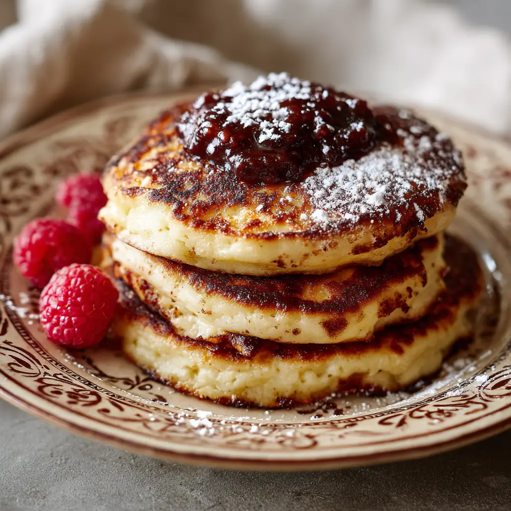 A close-up side view of three golden-brown cottage cheese pancakes stacked, showing their thick and cake-like texture. (Cottage Cheese Pancakes)