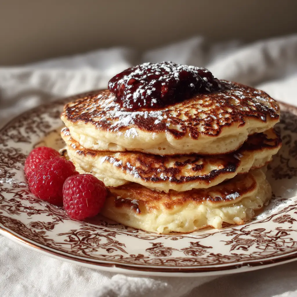 An overhead shot of a plate of cottage cheese pancakes garnished with jam, powdered sugar, and fresh raspberries, creating a beautiful presentation.