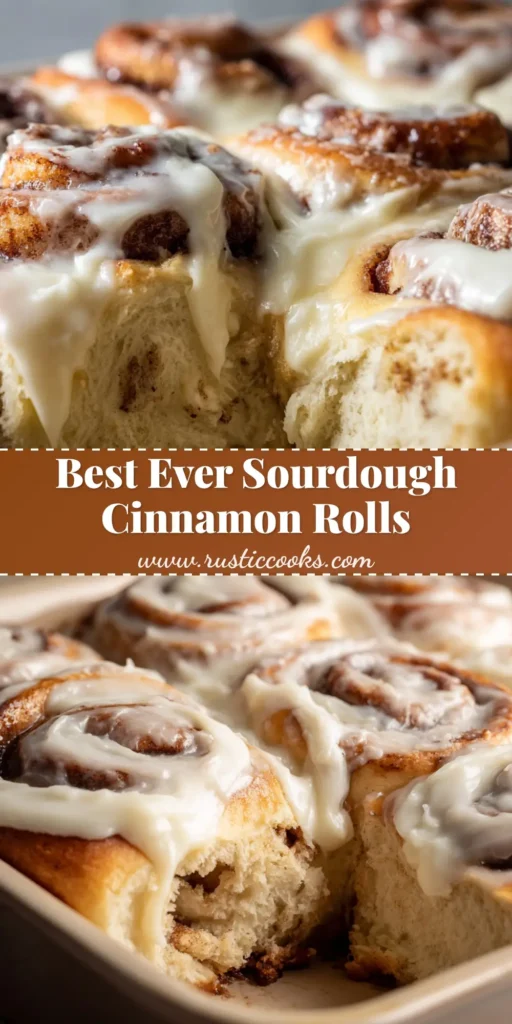 A close-up of golden-brown sourdough discard cinnamon rolls packed in a baking dish, generously topped with dripping white cream cheese frosting. (Sourdough Discard Cinnamon Rolls)