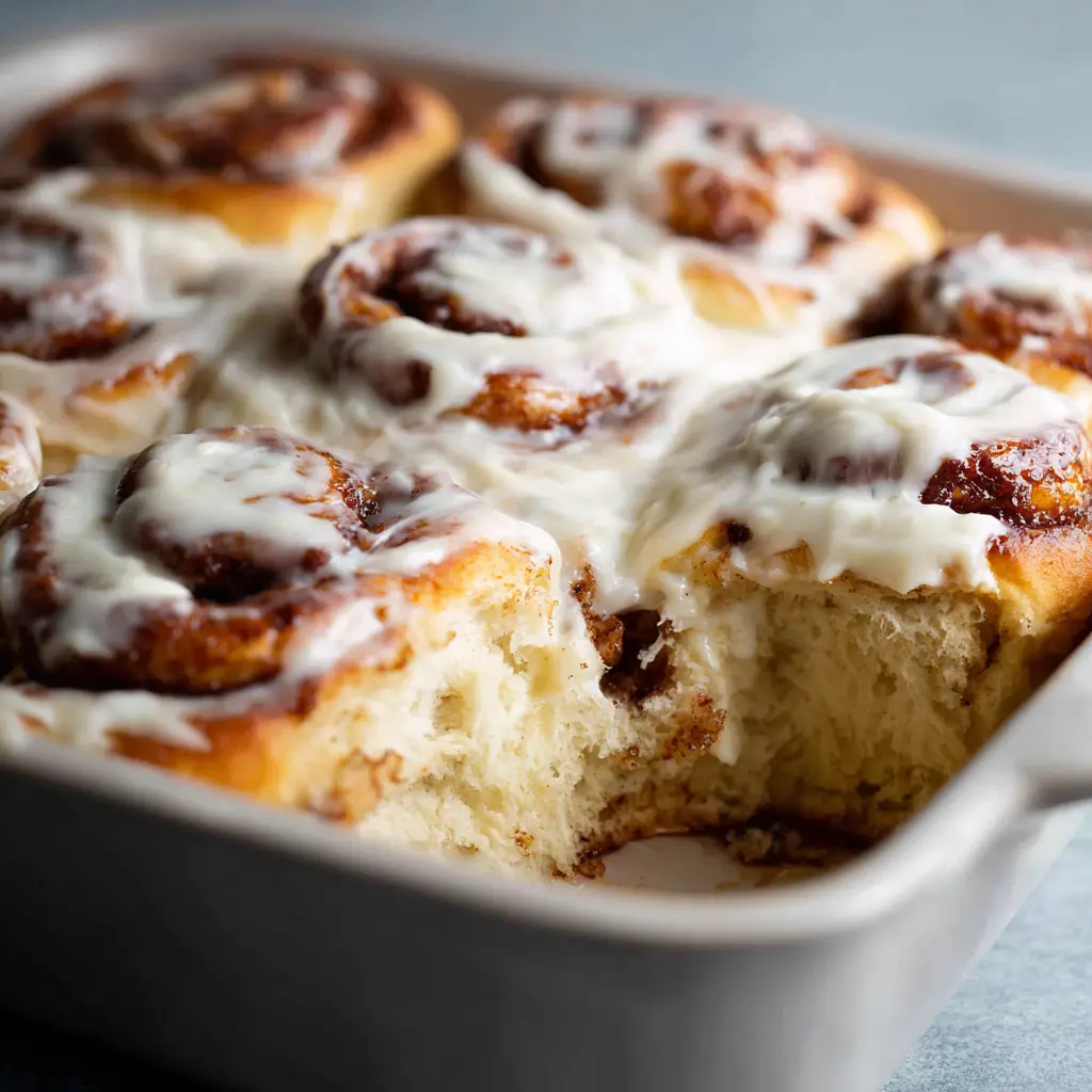 Several fluffy sourdough discard cinnamon rolls shown close-up in a baking dish, covered in a thick, glossy, white frosting. (Sourdough Discard Cinnamon Rolls)