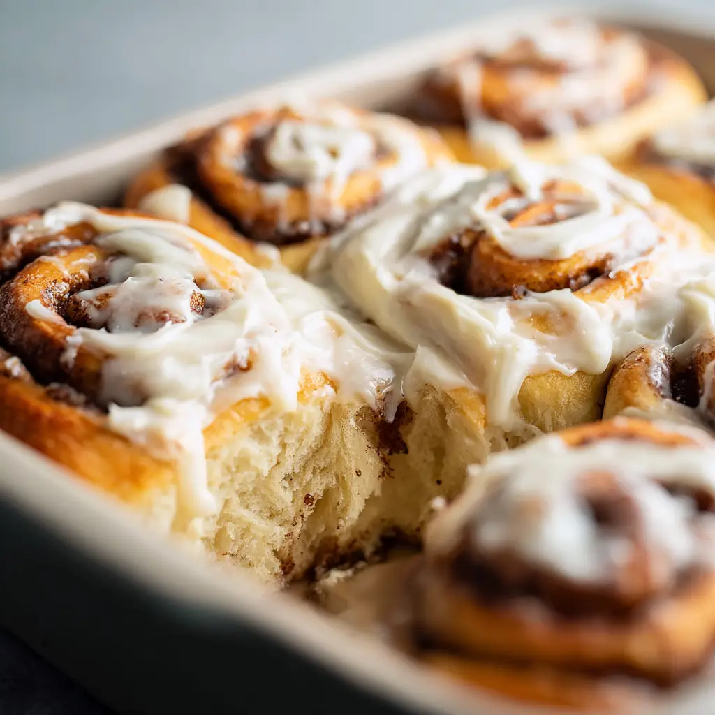 A soft, fluffy sourdough discard cinnamon roll pulled away from the batch, showing the gooey cinnamon swirl inside and the glossy frosting.