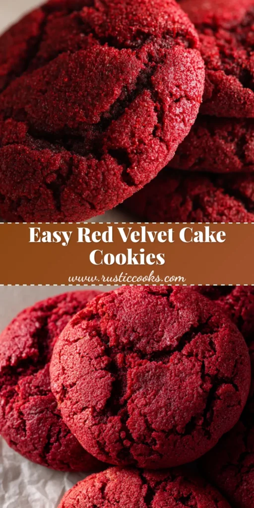 A stack of thick, soft-baked Red Velvet Cake Cookies with crinkled tops, showing a dense, fudgy interior crumb.