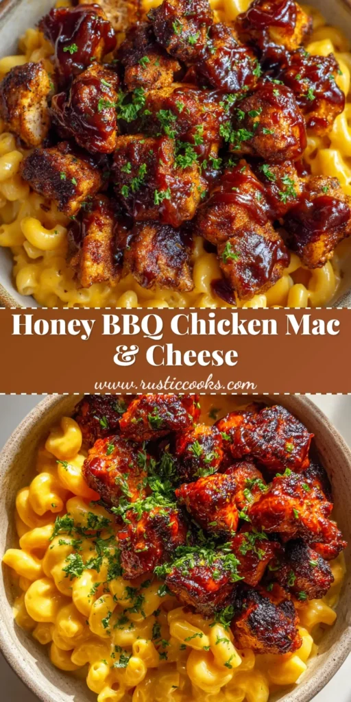 A rustic ceramic bowl featuring a thick, creamy orange-yellow macaroni and cheese base topped with bite-sized chicken chunks coated in a sticky mahogany-red honey BBQ sauce and fresh parsley.