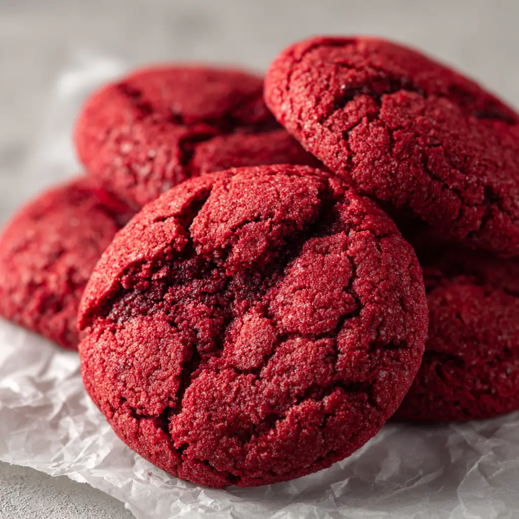 A vibrant crimson red cookie broken in half, revealing a dense, fudgy, moist interior crumb.
