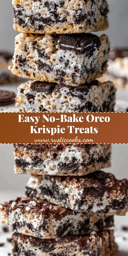 A close-up of thick square-cut Oreo Rice Krispie Treats on parchment paper showing pulling white marshmallows and dark chocolate cookie chunks.