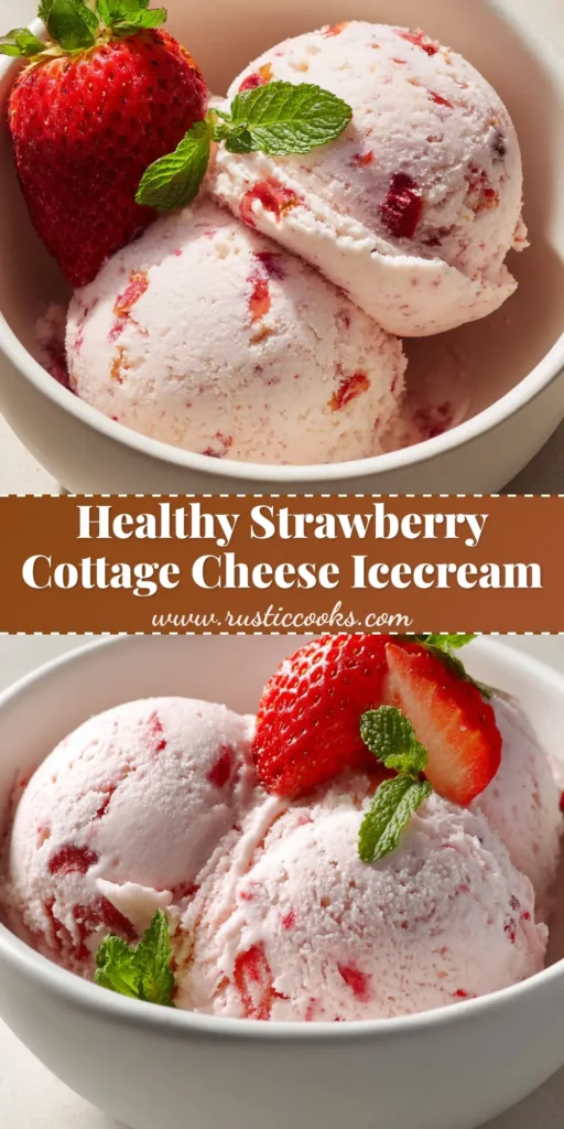 Two perfectly rounded scoops of light pink Strawberry Cottage Cheese Ice Cream in a white ceramic bowl, garnished with a fresh strawberry half and mint.
