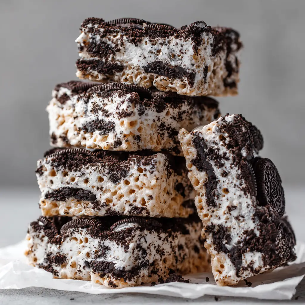 Detailed macro view of Oreo Rice Krispie Treats showing distinctly chewy texture and heavily speckled dark cookie crumbs throughout the white marshmallow.