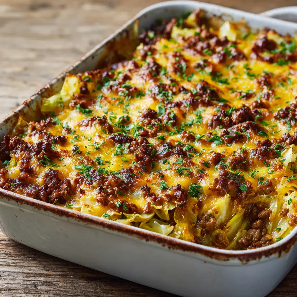 Thick layer of melted, bubbly yellow cheddar cheese with beautifully charred golden-brown edges garnished with chopped fresh green parsley.