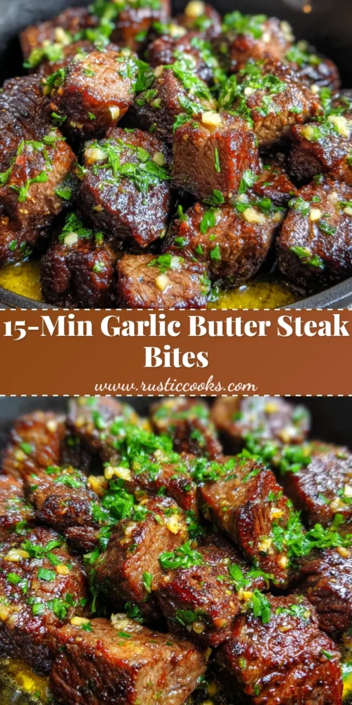 Juicy Garlic Butter Steak Bites with a dark brown caramelized crust in a black cast-iron skillet, garnished with fresh parsley.