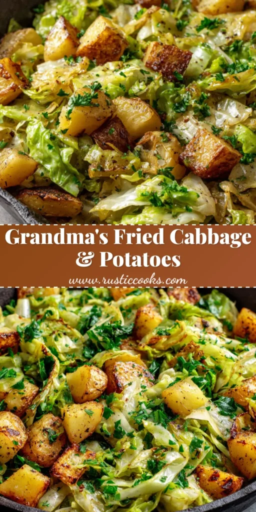 Close-up of a rustic cast iron skillet filled with Fried Cabbage and Potatoes, seasoned with black pepper and parsley.