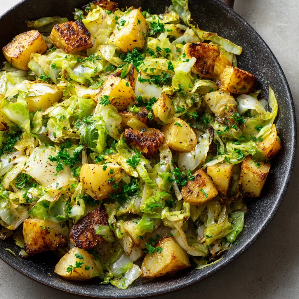 Glossy tender cabbage and pan-fried potatoes seasoned with coarse black pepper and fresh green parsley.
