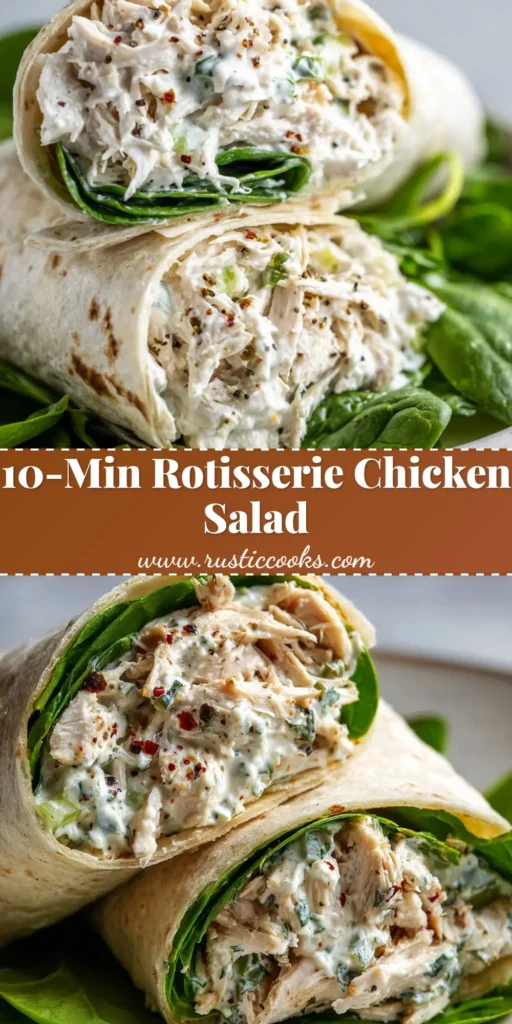 A delicious halved Rotisserie Chicken Salad wrap exposing a dense filling of creamy Caesar chicken, crisp celery, and fresh spinach.