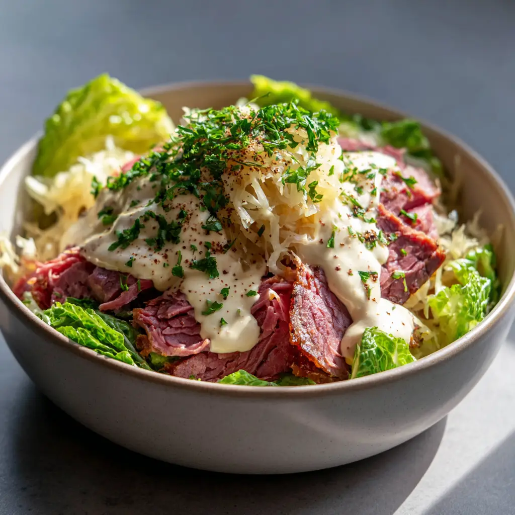 Top-down view of a hearty Low-Carb Reuben Bowl served in a shallow matte ceramic dish showing layers of fresh green lettuce, warm corned beef, and pale-orange Russian dressing.