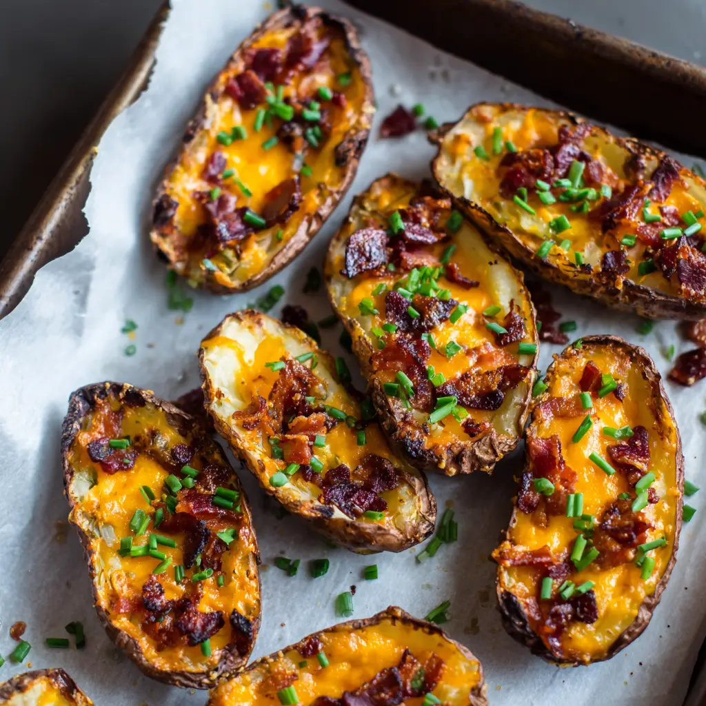 Hollowed out russet potato halves being crisped on a parchment-lined dark metallic baking sheet.