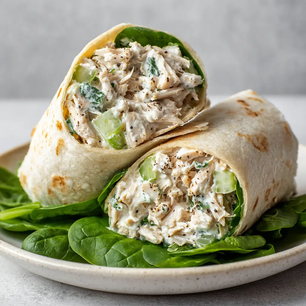 Halved flour tortilla wrap sitting on a simple white ceramic plate, filled with creamy Caesar chicken, diced celery, and raw fresh baby spinach leaves.